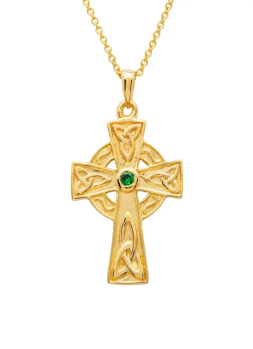 14 carat gold vermeil Celtic Cross Pendant with Green Cubic Zirconia